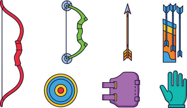 Archery Equipment Vector Set Featuring Traditional Bow Compound Bow Arrows Quiver Target Shield Chest Guard and Protective Glove for Sports and Hobby Illustration