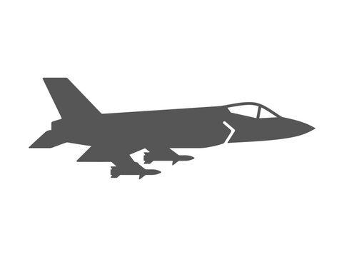 Flat stealth fighter jet side view, angular wings, modern military design, minimal gray vector style