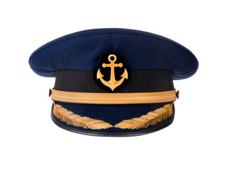Isolated professional navy blue captain's hat with shiny gold anchor and intricate embroidery © Lucas