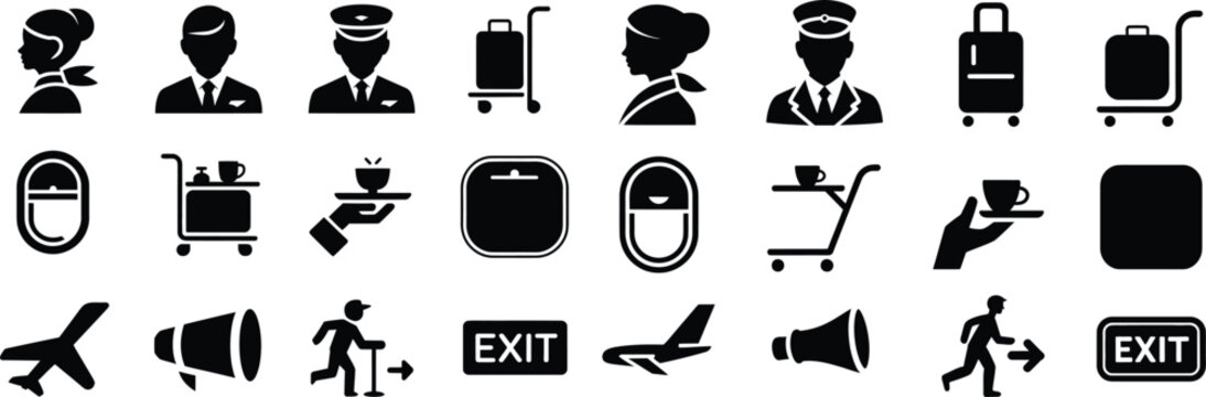 Silhouette hotel service icons set. hospitality, staff, travel, luggage, tourism vector illustration