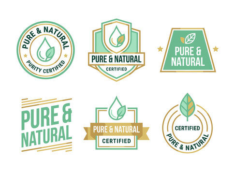 Pure and natural emblem set: mint green organic product labels and badges.
