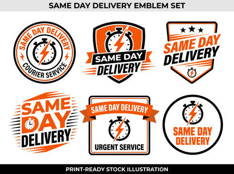 Same day delivery emblem set: urgent courier service labels with clock and lightning icons