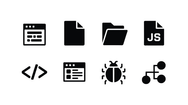 Computer programming and coding icons set for web development  various symbols used in software design