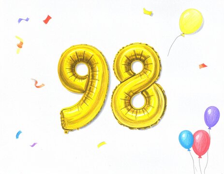 Pencil drawing of yellow number 98 balloon. Sketch for birthday or anniversary party