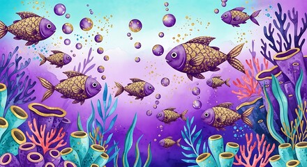 Fototapeta premium Purple and Gold Fish Swimming in a Vibrant Underwater Coral Reef with Seaweed and Bubbles