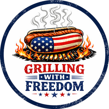 Playful patriotic illustration of a hot dog wrapped in the American flag grilling over flames with bold text celebrating freedom. Perfect for BBQ promotions, holiday ads, and summer event graphics