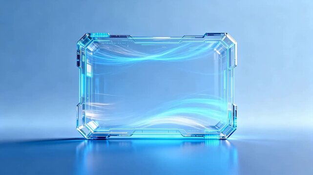Futuristic transparent rectangular device with blue glowing structure and flowing light effects