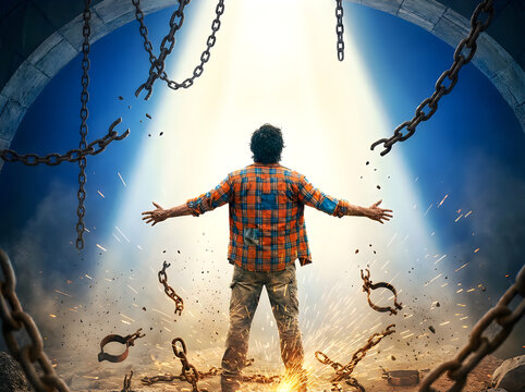 man breaking free from chains in dramatic light
