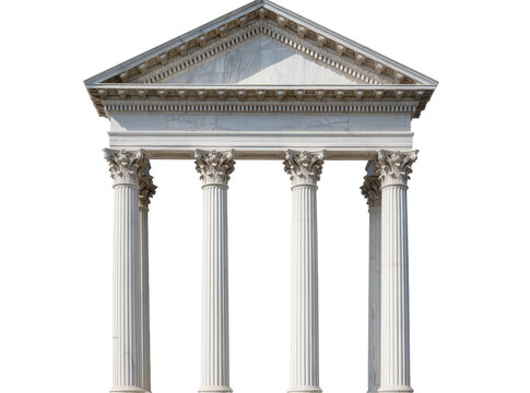 Isolated classical marble temple facade with four Corinthian columns and ornate pediment