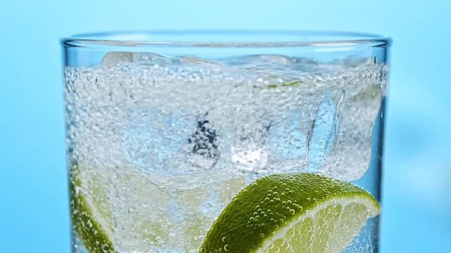 Refreshing drink with ice and lime being poured into a glass.