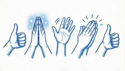 Obraz premium Hands showing various gestures of approval and prayer on white background