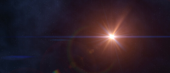 Sun, galaxy, nebula and stars. Space background. The light of a distant unknown star against a background of stars and nebula. Abstract circle digital lens flare, light leaks.  © revers_jr