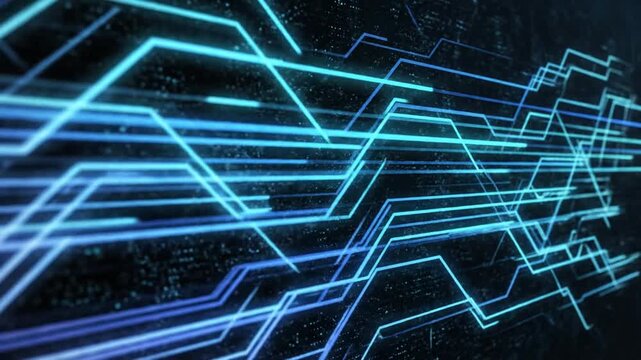 Abstract grainy textured background featuring glowing blue light stripes on a dark backdrop with vibrant cyan gradient lines and futuristic technology banner design with ample copy space.