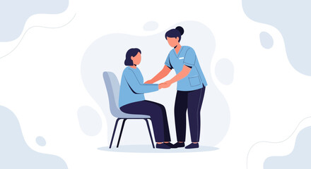 Fototapeta premium Nurse Helping Elderly Patient Sit Down in Chair - Medical Care Illustration