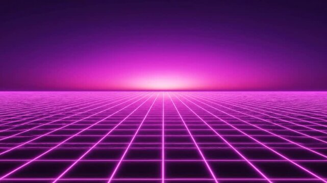Retro Futuristic Grid Landscape with Neon Glow Horizon.