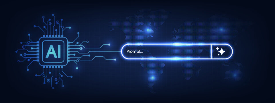Futuristic AI chip and generative bar on a digital world map background. Machine learning and advanced global technology systems.  AI assistant and agentic AI systems. Vector illustration.
