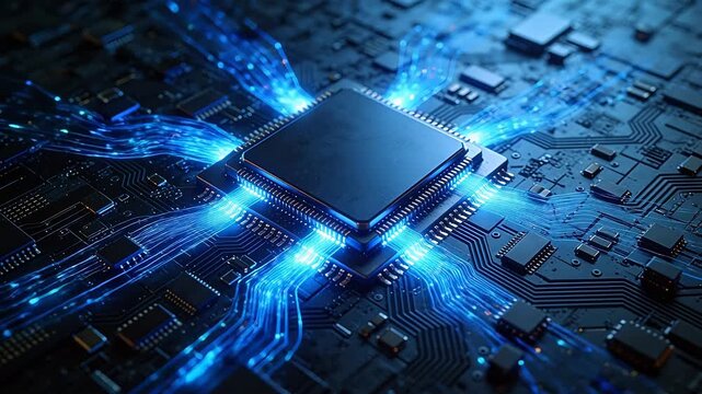 Electronic circuit board with central chip and blue light traces