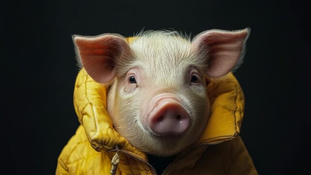 Cute small pig wearing a yellow coat looking at the camera against a black studio background