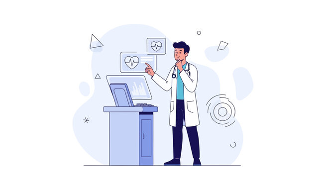 Doctor analyzing medical data on futuristic interface with heart rhythm display
