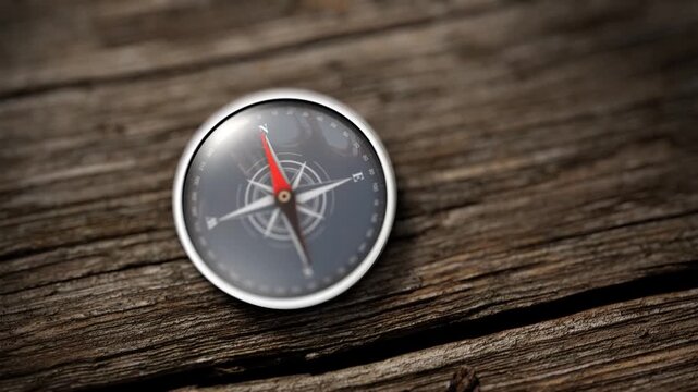 Close Up Compass Pointing North on Wooden Table Navigation Direction Concept 4K