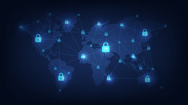 Concept of cyber security. Protection network on a futuristic world map background. Hacking risks and advanced protection strategies. Data security against online cyber threats. Vector illustration.