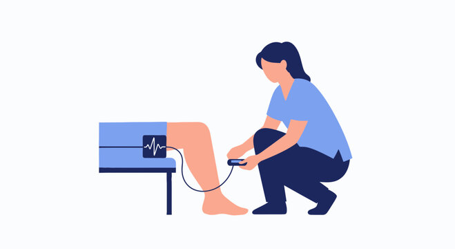 Doctor checks patient's leg with medical device displaying heart rhythm