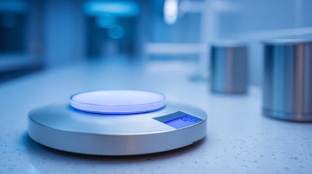 Close-up of a precise digital kitchen scale with a bright blue illuminated display for accurate weight measurements