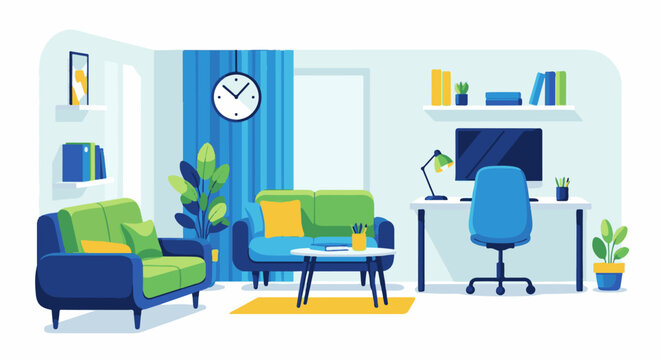 Modern living room with home office setup for remote work.