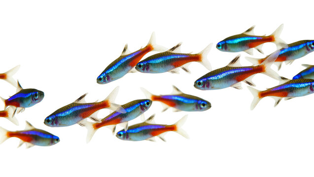 Isolated school of vibrant Neon Tetra tropical aquarium fish swimming gracefully as a group