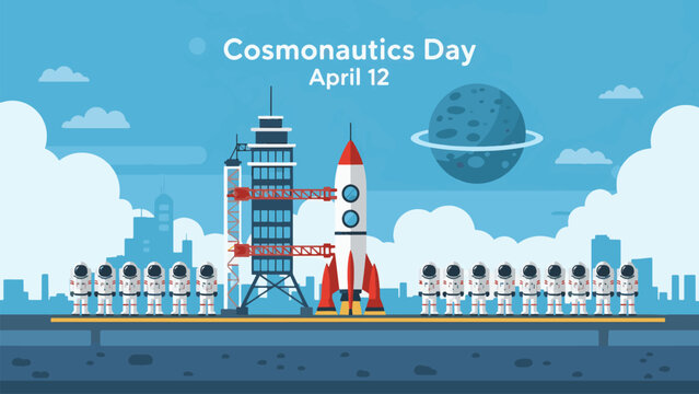 Cosmonautics Day April 12 Space Launch Illustration, Rocket on Launch Pad with Astronaut Crew and Planet Background, Space Exploration and Astronomy Concept Flat Vector Design