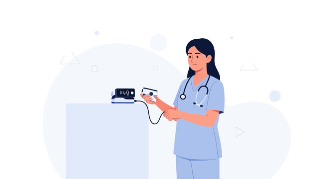 Nurse checking patient's pulse oximeter reading on a medical device