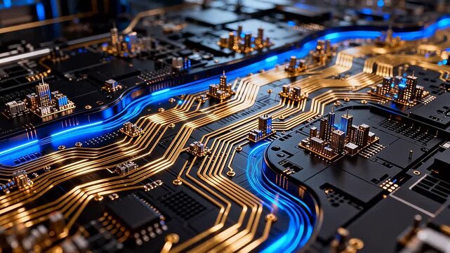 Electronic circuit board with golden micro city and blue light tracks