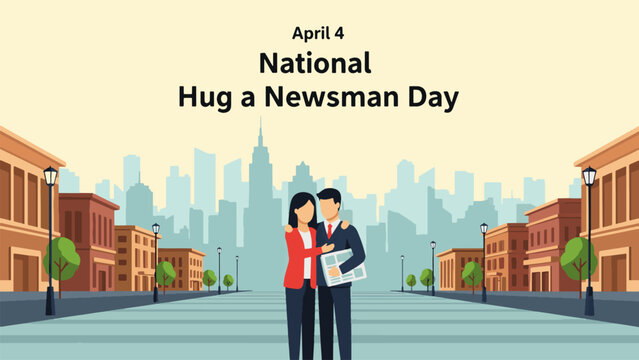 National Hug a Newsman Day April 4 City Illustration, Woman Hugging Journalist Holding Newspaper, Media Appreciation and Human Connection Concept Flat Vector Design