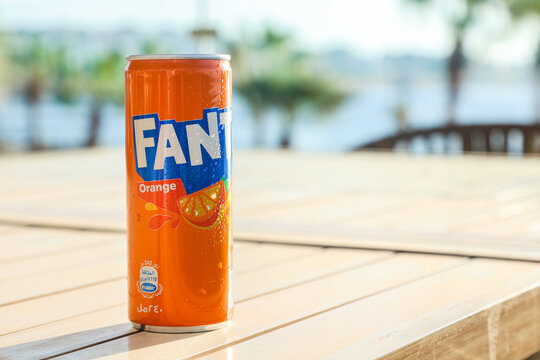 Egypt, Sharm el-Sheikh - September 27, 2025 An can chilled Fanta illuminated by the summer sun. Editorial.