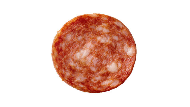 Isolated single round slice of delicious spicy salami pepperoni sausage food ingredient