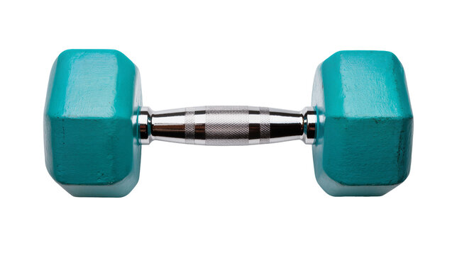 Isolated turquoise hex dumbbell with shiny chrome handle for fitness and workout equipment