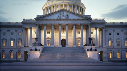 Obraz premium The illuminated front facade of a neoclassical government building with grand steps, columns, and a dome at dusk.