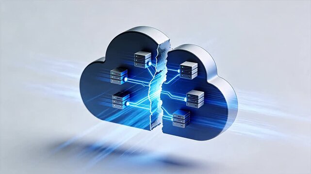 Split cloud structure with connected servers and blue data lines on gray background