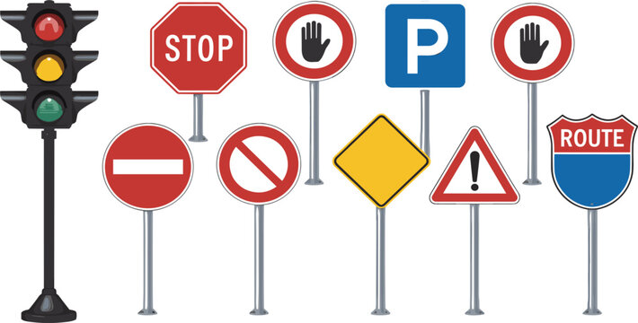 Traffic signs and road safety icons set with stop, parking and warning symbols, isolated vector design