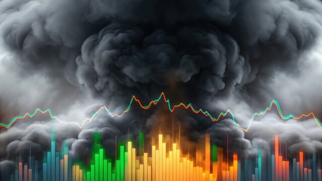 Dark smoke billows above a colorful, glowing audio equalizer and waveform, blending visual elements of pollution and sound technology.