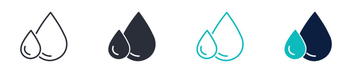 Fototapeta premium Water Drops Icon Set, Liquid Droplet Collection, Hydration and Fluid Symbols, Outline Solid and Color Style, Vector Illustration