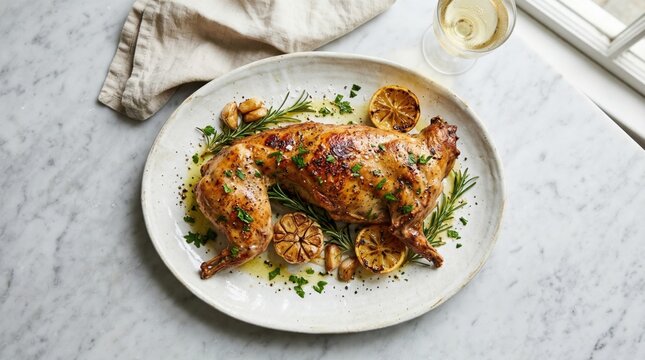 Gourmet Whole Roasted Rabbit with Rosemary, Garlic, and Lemon Served on an Oval Platter on a White Marble Surface with White Wine