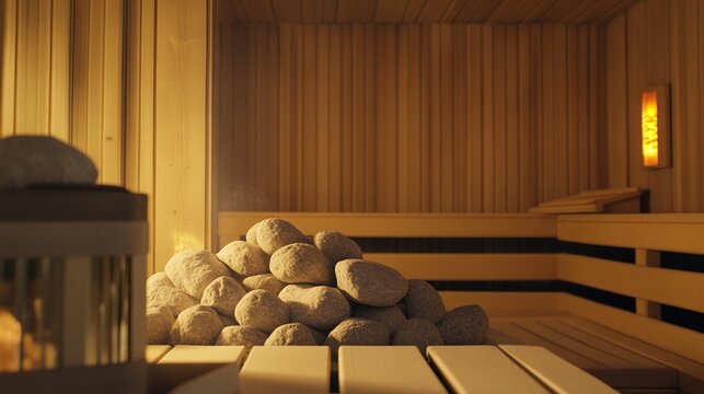 soapstone. Interior of a traditional Finnish sauna with soapstone rocks. travel magazines, destination branding, wall prints, designed for travel destination branding, used by biotech researchers.
