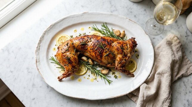 Whole Roasted Rabbit Garnished with Fresh Rosemary and Lemon Slices on a White Platter, Served with White Wine on a Marble Table - Gourmet Culinary Photography