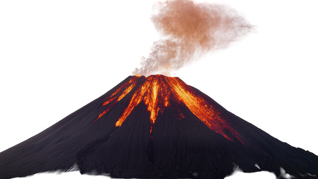 Isolated erupting volcano with molten lava flowing down the dark slopes and smoke cloud