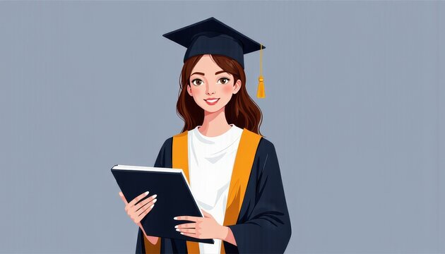 Illustration of a Happy Graduate Holding Diploma in Hands Wearing a Cap and Gown with Golden Tassel Against a Plain Background Showing a Sense of Accomplishment