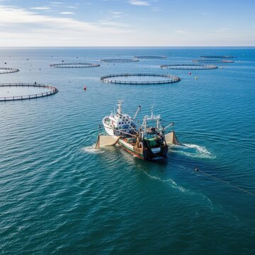 Aerial view of a fishing boat at a large scale aquaculture fish farm.