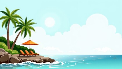 Obraz premium Scenic Seaside Getaway with Palm Trees and Sun Loungers Overlooking Crystal Blue Ocean Under a Bright Sunny Sky for Ultimate Relaxation and Serenity
