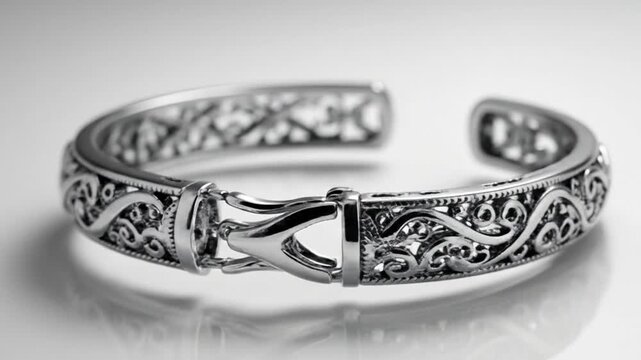 Ornate silver cuff bracelet with intricate filigree design