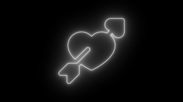 Glowing neon heart pierced by cupid arrow animation on black background, love